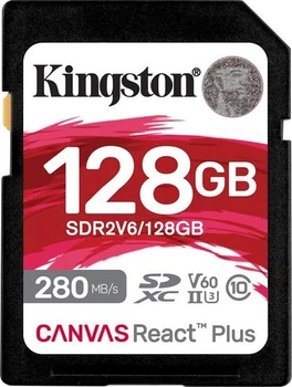 Карта памяти SDXC - Kingston Canvas React Plus 128Gb class 10 V60 UHS-II U3 (R280MB/s, W150MB/s)