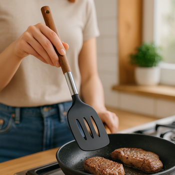 Лопатка кухонная 35 см нейлоновая с прорезями и деревянной ручкой Kamille