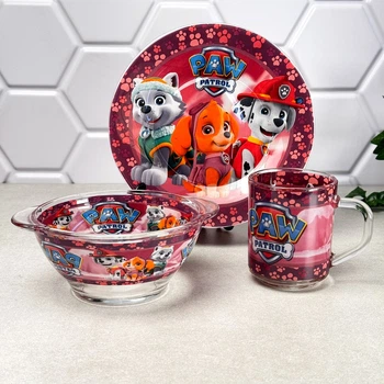 Подарунковий набір посуду дитячий скло 3 пр Paw Patrol (Щенячий патруль) Рожевий