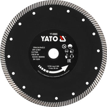 Tarcza diamentowa Turbo YATO 230 mm do cięcia i szlifowania twardego gresu i ceramiki bez uszczerbień (YT-59985)