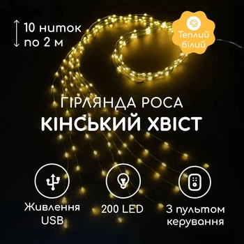 Гірлянда Кінський хвіст 2 м 10 ниток USB + пульт Гірлянда роса Пучок на ялинку теплий білий