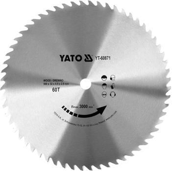 Tarcza do drewna YATO 500x32 mm 60 zębów do 3000 obr/min (YT-60871)