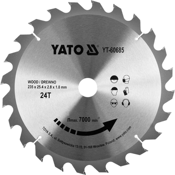 Tarcza widiowa do drewna YATO 235x25.4 mm 24 zęby do 7000 obr/min (YT-60685)