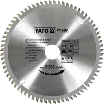 Tarcza widowa do aluminium YATO 210x30 mm 72 zęby do 8000 obr/min (YT-6093)