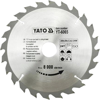 Диск пиляльний по дереву YATO 200х30 мм 24 зубці до 8000 об/хв (YT-6065)