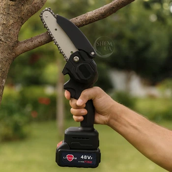 Пила ланцюгова акумуляторна Mini Electric Chain Saw з шиною 6" (15 см) у кейсі, бездротова садова міні-пила з 2 акумуляторами 48V для обрізки дерев, кущів, гілок, електропила для дачі та саду, PM8-45E
