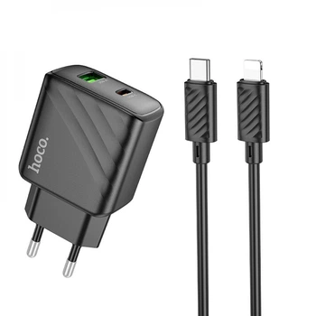 Сетевое зарядное устройство Hoco CS23A, 1USB, 1Type-C, PD, QC 30W, Type-C to Lightning Черный