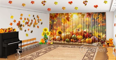 Осенние Фото Шторы в детский сад PHOTODECOR "Осенний пейзаж с тыквами" 1 кв.м