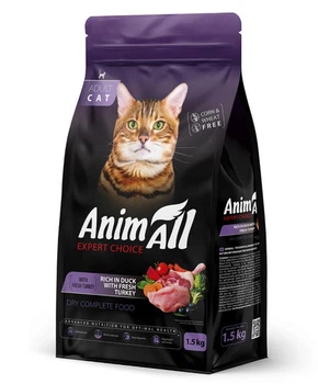 AnimAll Повнораціонний сухий корм для дорослих котів зі свіжою індичкою та качкою, 1.5 кг