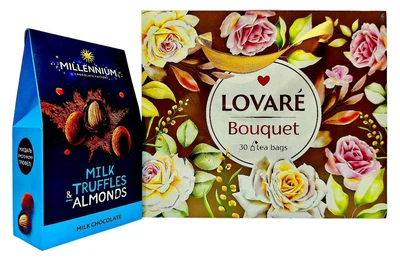 Подарочный набор конфет Millennium TRUFF в молочном трюфеле + коллекция чая Lovare Bouquet