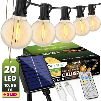 Солнечная садовая декоративная гирлянда 20 LED-фонариков + 2шт в подарок, 10.55 м, теплый свет 2700 K, IP44, с пультом, зарядка
