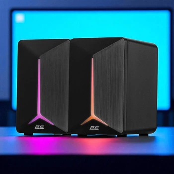 Компьютерные колонки сетевые с RGB подсветкой 2E Gaming SG300 комплект 2 шт Компактная акустическая система для ПК ноутбука и телефона Mini-Jack 3.5 мм Черный