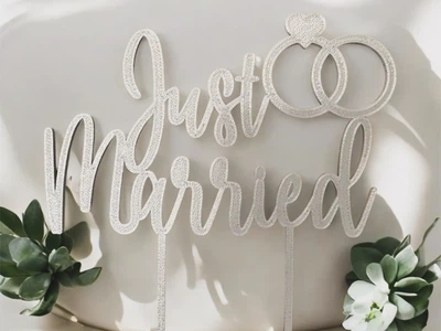 Весільний топер на торт Just Married з обручками. Aivory