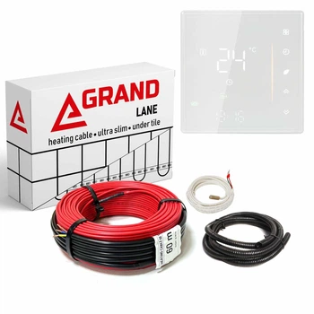 Теплый пол Grand Lane 6,2 м2/900 Вт/50 м нагревательный кабель glc9050k5 под плитку 18 Вт/м и WiFi сенсорный программируемый терморегулятор Белый