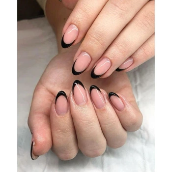 Накладні нігті Nail чорний френч, форма мигдаль, короткі, 24 шт