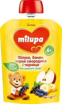 Фруктове пюре Milupa Яблуко-Банан-Чорна смородина-Чорниця з 6 місяців 80 г (6438091515150)