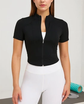 Спортивна жіноча футболка на блискавці Slim Fit базова приталена дихаюча для спорту та повсякдення Чорна M