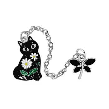 Двойной значок BROCHE брошь бижутерия Животные Кошка со стрекозой чёрно-серебристый BRGV115098