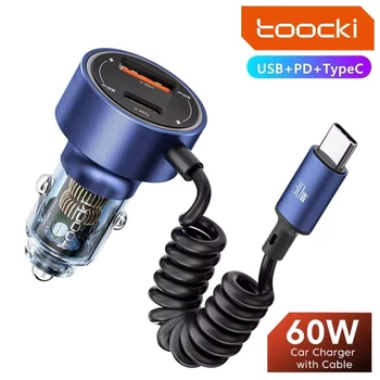 Автомобільний зарядний пристрій Toocki 60W USB + Type C + вбудований кабель Type C швидка зарядка ( TQ-CC26A Blue )
