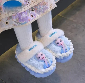 Детские теплые зимние тапочки на девочку с Эльзой, Эльза Frozen голубые, мягкие комнатные плюшевые тапки для девочки, размер 32 - 33, 19 - 20 см