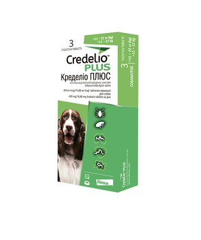 Противопаразитарные таблетки для собак Credelio Plus от блох, клещей и гельминтов 11-22 кг 3 шт.