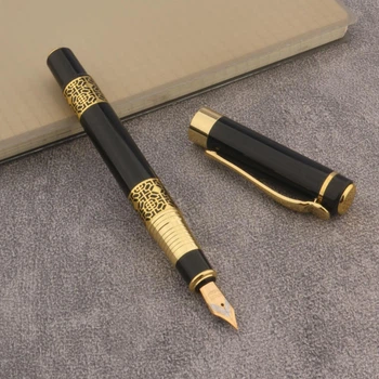 Ручка перова чорна Metal Fountain Pen з золотим візерунком махагон товщина письма 0.5 мм чорнильна для каліграфії офісу школи бізнесу та подарунку