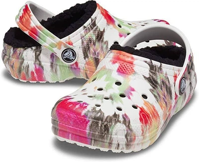 Сабо Crocs Classic Tie-Dye Lined Clog утепленный цвет белый с черным кроксы на меху домашние тапки размер 37-38