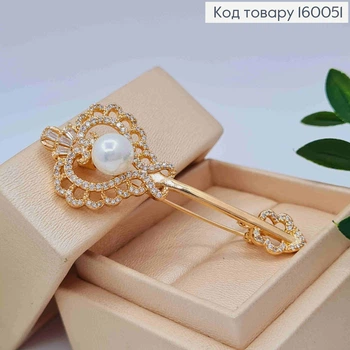 Брошь "Золотой Ключик" украшена Блестящими камешками и Жемчужкой, 5,8см, Xuping 18к.