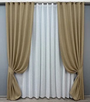 Комплект штор VR-Textil Лен Мешковина 100х270 2шт и Тюль 300х270 673ш-115т Капучино с белым 71-035/1