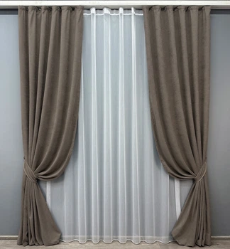 Комплект штор VR-Textil Мікровелюр Petek 100х270 2шт і Тюль 400х270 1707ш-1153т Какао з білим 71-031/2
