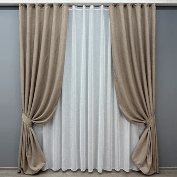 Комплект штор VR-Textil Лен Мешковина 150х270 2шт и Тюль 500х270 113ш-115т Светло-кофейный с белым 71-053/4