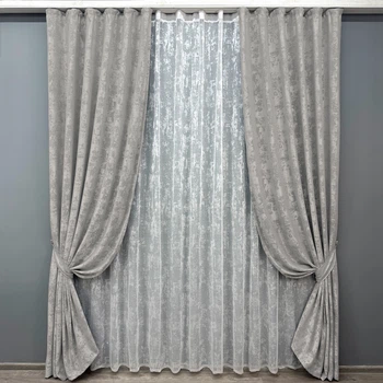 Комплект штор VR-Textil Жаккард Мрамор 150х270 2шт и Тюль 400х270 1124ш-1400т Светло-серый с белым 71-058/3