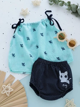 Летний комплект для новорожденной девочки kittens Майка из марлевки батист ХБ + блумеры из кулира 62 см Бирюзовый с котиками + темно-синий в горошек