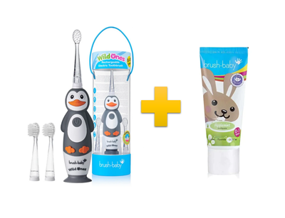 Комплект Brush-Baby WildOnes Sonic (0-10 років) пінгвін + Зубна паста Brush-Baby 0-3
