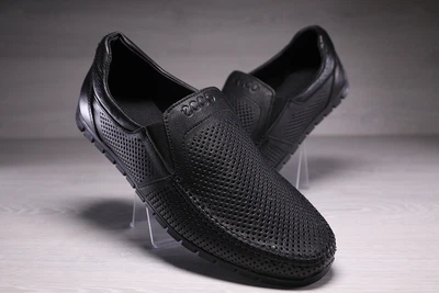 Летние кожаные мужские мокасины с перфорацией Black Leather 46
