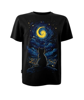 Футболка унісекс з коротким рукавом кулір чорна з принтом Cat and night р. 2XL (DTG)