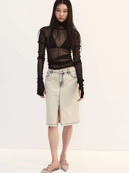 Юбка джинсовая миди осенняя женская H&M 1232908001c34 32 Бежевая (KC1000000053639)