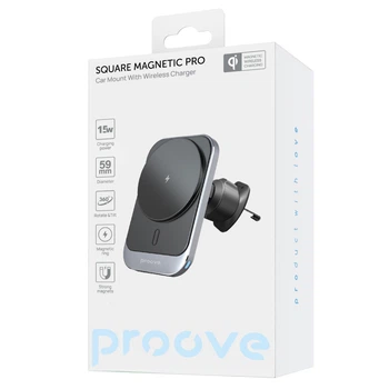 Магнітний тримач в авто з MagSafe Бездротовою зарядкою 15W на дефлектор Proove Square Magnetic PRO metal gray 546920092