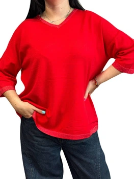 Джемпер з коротким рукавом, з декором з люрексу, One Size, червоний