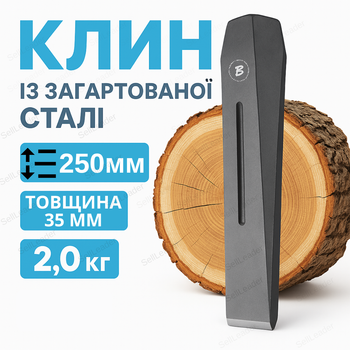 Клин колун 250 мм для колки дров для каміна дровокольний 2 кг загартована сталь розколювач колод ручний