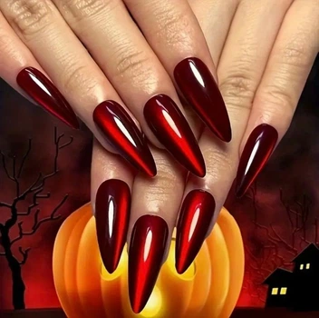 Накладні нігті Nail котяче око вишневі, форма стилет, довгі, 24 шт
