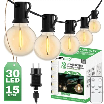 Садовая гирлянда на 30 LED-ламп, 15,2 м, от сети 230V, теплый свет 3000 K, IP44, с пультом и регулировкой яркости, Lumiled