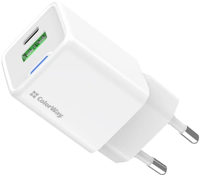Мережевий зарядний пристрій ColorWay GaN Mini 20 W PD Port PPS USB Type-C PD + USB QC4.0 White (CW-CHS062PD-WT)