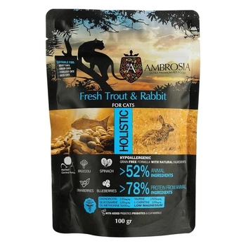 Беззерновой корм Ambrosia Grain free со свежей форелью и кроликом для пожилых и стерилизованных кошек 0,1кг (5214002707453)