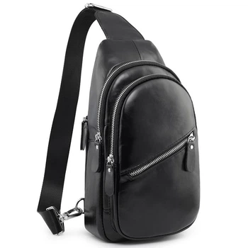 Молодёжный мужской слинг из натуральной гладкой кожи Tiding Bag сумка-слинг, мессенджер через плечо 32 x 18 x 5 см Чёрный (03330ч)