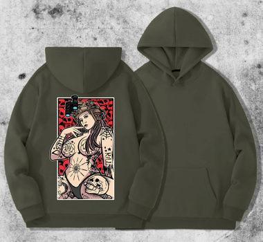 Чоловіче тепле худі з принтом Дівчина з тепловізором сансет / The girl with thermal visor sunset goons XXL, Хакі
