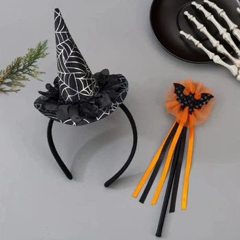 Набор аксессуаров на Halloween Ободок шляпка ведьмочки и палочка летучая мышь