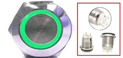 Кнопка антивандальная 22 мм 12-24V с фиксацией, ЗЕЛЕНАЯ ПОДСВЕТКА
