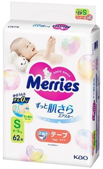 Подгузники детские Merries SJ размер S 4-8 кг 62 шт (4901301437709)