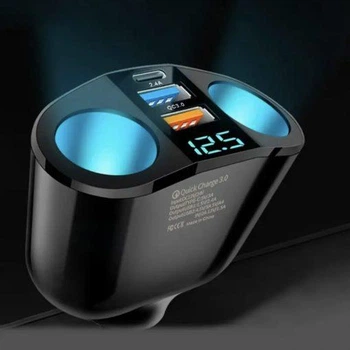 Автомобільний зарядний пристрій AUBESS 20W 12-24V 2USB+Type-C з вольтметром та роздвоювачем прикурювача